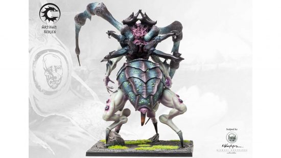 The Spires Abomination from Conquest, an eight-limbed part arachnid monster with a humanoid face, looks like a Warhammer daemon