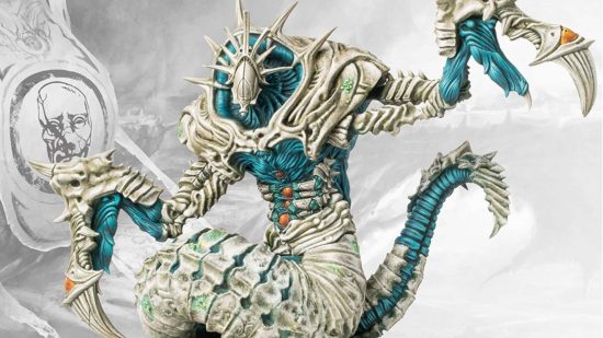 The Spires Siegebreaker from Conquest, a white and teal monster with scythe arms and a serpentine tail, looks like an MTG Slither
