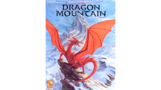 DnD adventure 'Dragon Mountain' cover art by Jennell Jaquays - a huge red dragon spreads its wings and roars in front of an enormous mountain peak