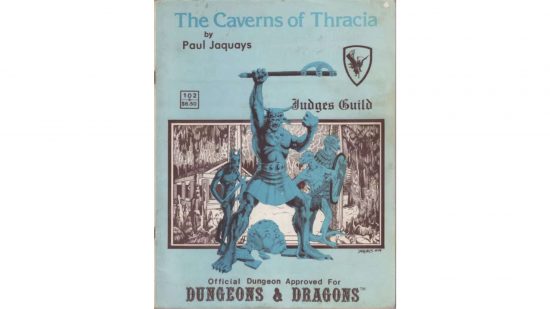 DnD adventure module 'The Caverns of Thracia' by Jennell Jacquays - cover art for a classic DnD module, with line art of three monstrous figures superimposed on a stalactite-rich cavern
