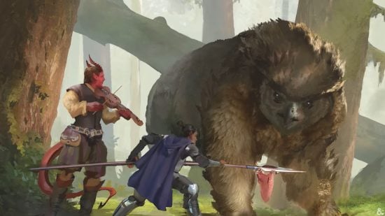 DnD Bard subclasses 5e - Wizards of the Coast art of two adventurers meeting an owlbear
