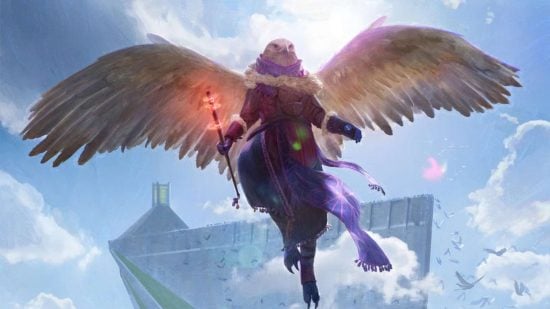 DnD character builds - Aaracokra Warlock, a hawk-headed man with wings spread, holding a glowing staff
