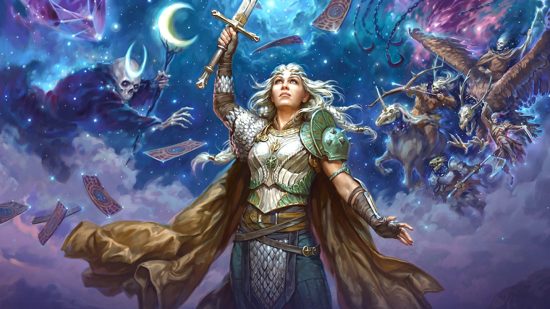 DnD deck of many things - art showing woman holding up a sword