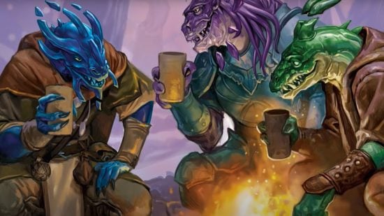 DnD Drakewadern 5e - Wizards of the Coast art of three dragonborn drinking by a fire