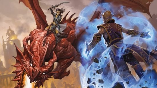 DnD Drakewarden 5e - Wizards of the Coast art of a Githyanki riding a dragon, about to attack a Githzerai