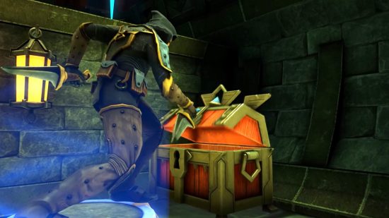 DnD game Demeo screenshot - a rogue opening a treasure chest