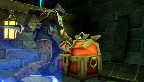 DnD game Demeo screenshot - a rogue opening a treasure chest