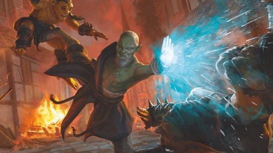 DnD monk subclasses - a half-orc monk firing ice from his hands