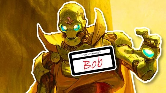 Wizards of the Coast art of a Warforged with a name tag that says "Hello, my name is Bob"