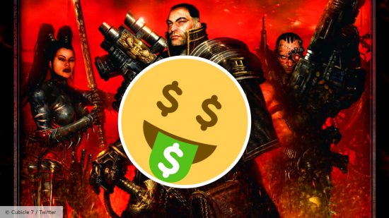 DriveThruRPG sale RPG books - Twitter emoji with dollar-sign eyes in front of cover art for Dark Heresy