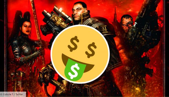 DriveThruRPG sale RPG books - Twitter emoji with dollar-sign eyes in front of cover art for Dark Heresy
