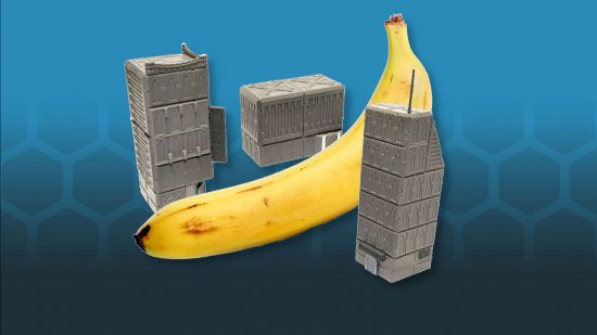 Epic scale terrain for Warpath , a selection of three buildings, positioned around a banana