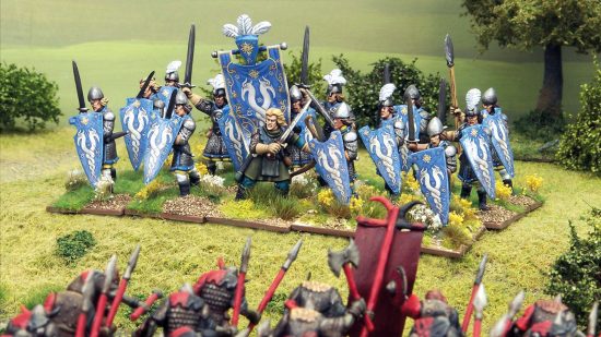 Fantasy wargames - Oathmark, a unit of elves with blue shields on a green field