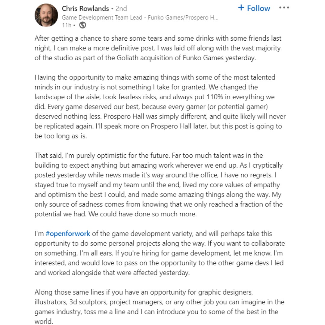 Funko Games layoffs Linkedin Post by Chris Rowlands