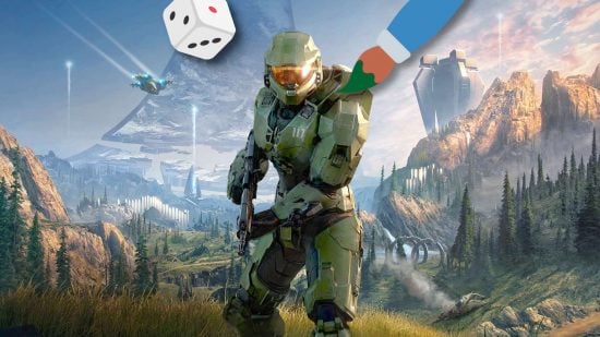 Halo miniature game - Master Chief, a green-armored Spartan supersoldier standing on a verdant alien world, with an emoji paintbrush and die