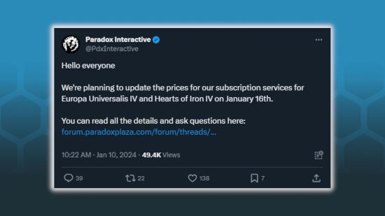 Hearts of Iron 4 DLC subscription price increase - screenshot of Paradox tweet announcing the change, on a blue hex pattern background