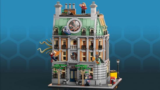 Marvel Lego sets - Lego Sancturm Sanctorum, a Victorian corner building with a green roof and tentacles bursting from one end