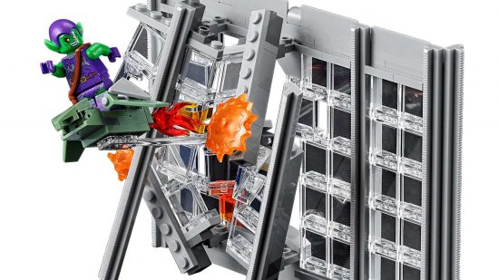 Lego Marvel sets - the Green Goblin blasts through the walls of the Lego Daily Bugle