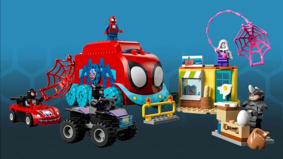 Marvel Lego sets - Lego Team Spidey Mobile Headquarters, a collection of colorful Lego vehicles with Spiderman minifigures