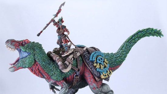 Miniature painting competition entry by Evan Walters, an Orc chief riding an Apex Predator feathered dinosaur