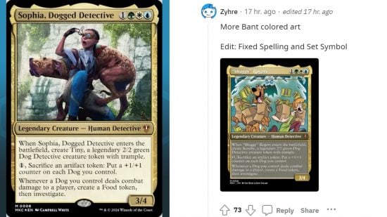 MTG Murders at Karlov Manor card, Sophia, Dogged Detective, next to a Reddit post proxying the card