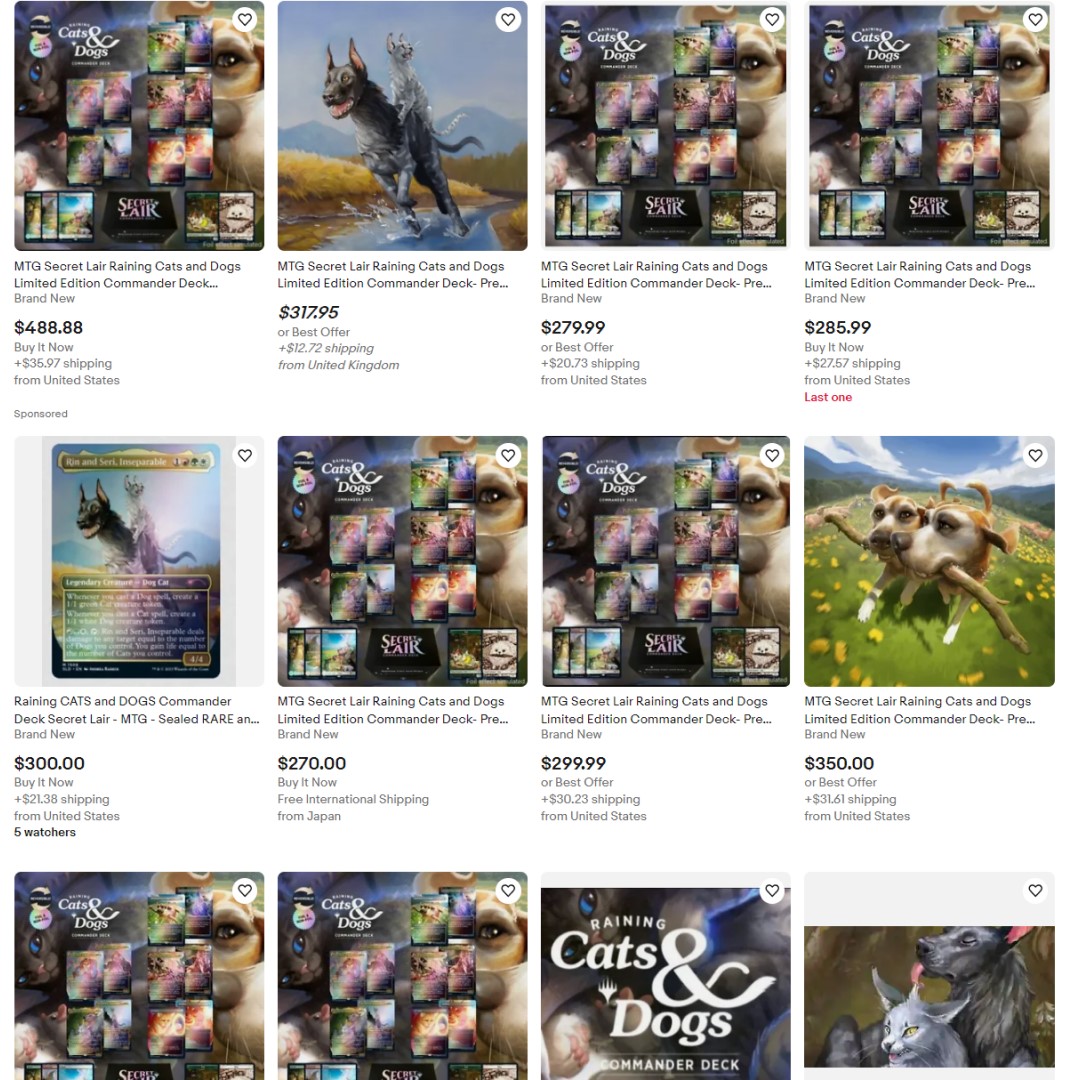 EBay listings for the MTG Raining Cats and Dogs Commander deck