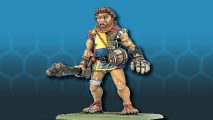 Oldhammer Marauder Giant - a humanoid figure holding a treetrunk as a club, wearing garish, patchwork clothing