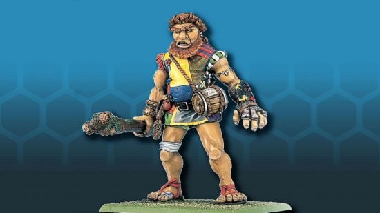 Oldhammer Marauder Giant - a humanoid figure holding a treetrunk as a club, wearing garish, patchwork clothing