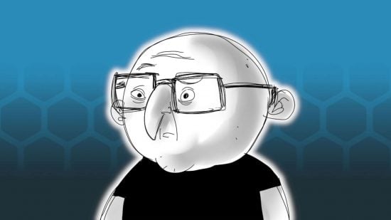 Penny Arcade's Jerry Holkins, drawn by Mike Krahulic - a bald man with square glasses, pronounced nose, and round head.