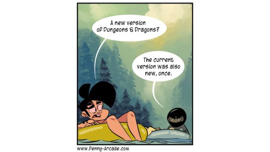 Penny Arcade webcomic panel - Two men are on flotation rings in a lake, discussing a new edition of Dungeons and Dragons