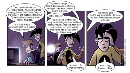 Penny Arcade webcomic - a three panel webcomic in which Tycho reveals his terrifying childhood to Gabe