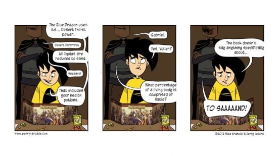 Penny Arcade DND webcomic - a three panel comic, in which a shadowy figure tempts a DnD dungeon master into performing terrible acts on his party