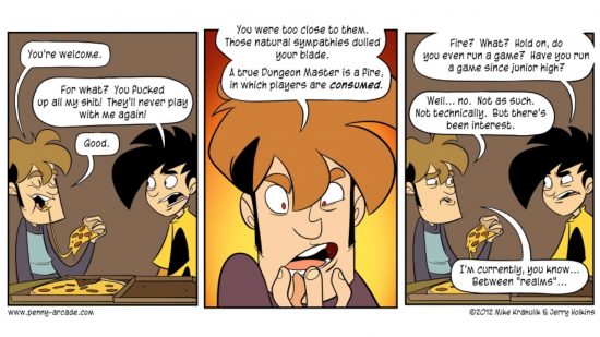 How to DM DnD, Penny Arcade style - a three panel webcomic, Tycho Brahe manically insists that DnD DMs should incinerate their players 