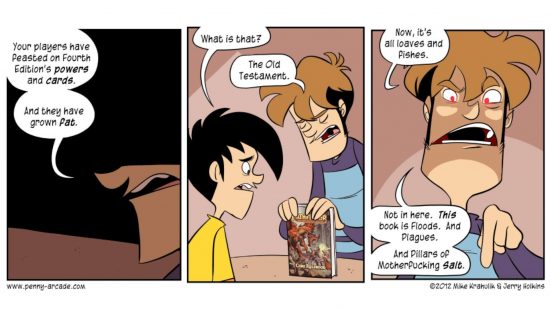 How to DM DnD, Penny Arcade style - a three panel webcomic, Tycho Brahe introduces the Pathfinder rulebook to Gabe as the Old Testament