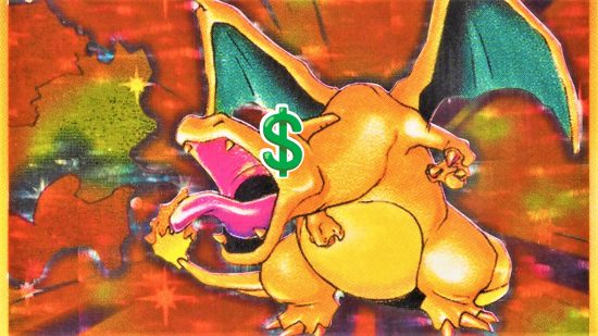 how to sell pokemon cards - first edition charizard with dollar signs in his eyes.