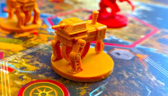 Yellow mech mini from Scythe board game