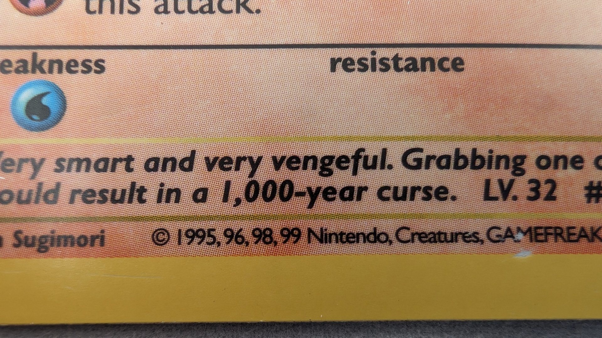 Copyright information on a Shadowless pokemon card, which lists 1995, 96. 98, 99