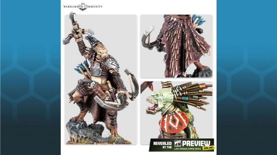 Tau Empire Kroot War Shaper- avian alien with quills, beak, wielding a recurve bow and a three-bladed throwing star, with closeup shots showing details of a variant head and a quill-studded cloak