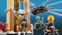 Upcoming Lego sets guide - compound photo on a blue hex pattern background, including official photos of the Harry potter Hogwarts Castle Owlery set, the Dune Atreides Royal Ornithopter set, and the Lego Technic Earth and moon in orbit set