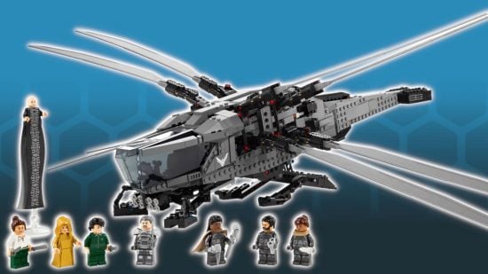 Upcoming Lego sets guide - Dune Atreides Royal Ornithopter set photo showing the full craft and minifigures including Baron Harkonnen