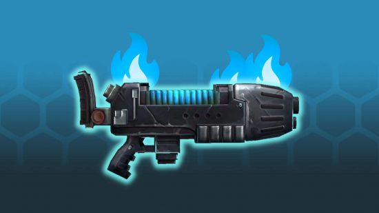 Warhammer 40k Rogue Trader plasma gun - an advanced rifle weapon with a chamber of coils filled with ionised plasma, in the process of melting down and catching on fire