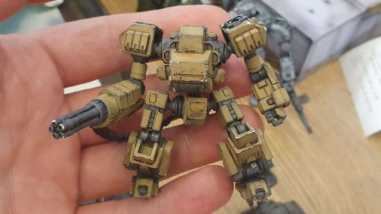 The Groundhog mech armed with a belt fed minigun from the wargame Eisenfront