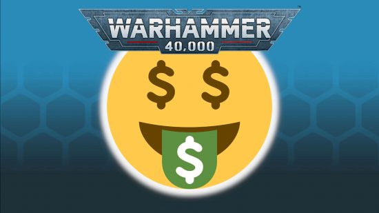 Warhammer 40k 10th edition sales drive GW's best sales month ever - an emoji with dollar signs for eyes and on its tongue, with the Warhammer 40,000 logo on its forehead