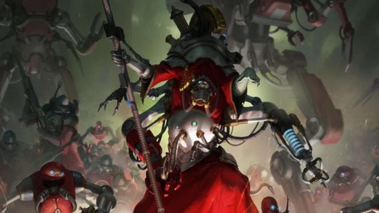 Warhammer 40k Adeptus Mechanicus Belisarius Cawl, a huge cyborg draped in red robes wielding strange weapons