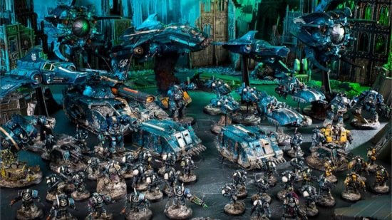 A Horus Heresy Alpha Legion army, a mixed arms force containing air assets, mechanised infantry, and super-heavy tanks