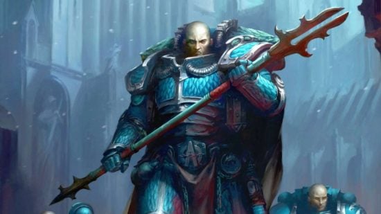Warhammer 40k Alpha Legion Primarch Alpharius, a bald figure holding a spear in scaled blue-green armor
