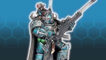 Warhammer 40k Alpha Legion sniper in blue and silver power armor, holding a massive rifle