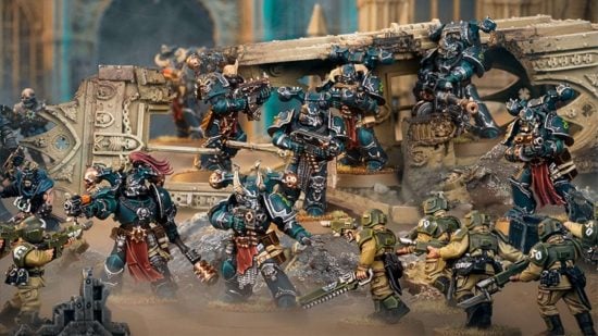 Warhammer 40k Alpha Legion Chaos Space marines advance on an Imperial Guard position