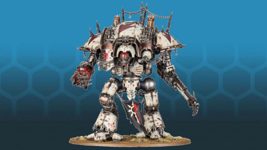 Warhammer 40k balance dataslate - a Chaos Knight, a huge, corrupted, robotic warmachine, govered in spikes, corupted screaming faces, and armed with vicious melee weapons
