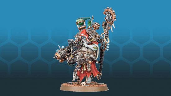 Warhammer 40k Balance Dataslate - Adeptus Mechanicus tech priest in red robes, covered in cyborg modifications